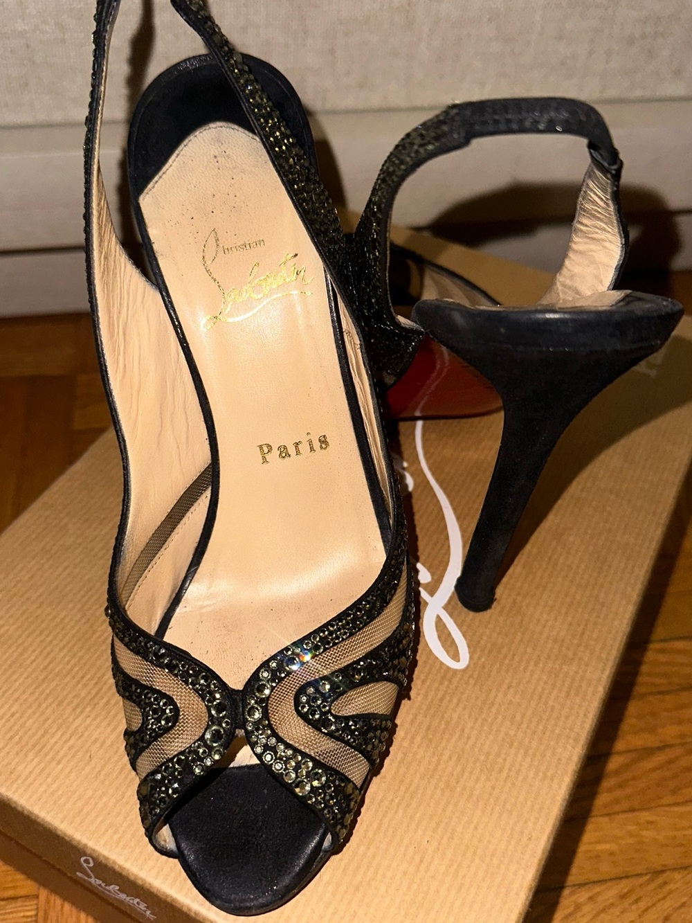 Christian Louboutin Black Crystal Slingback Peep-Toe Stilettos